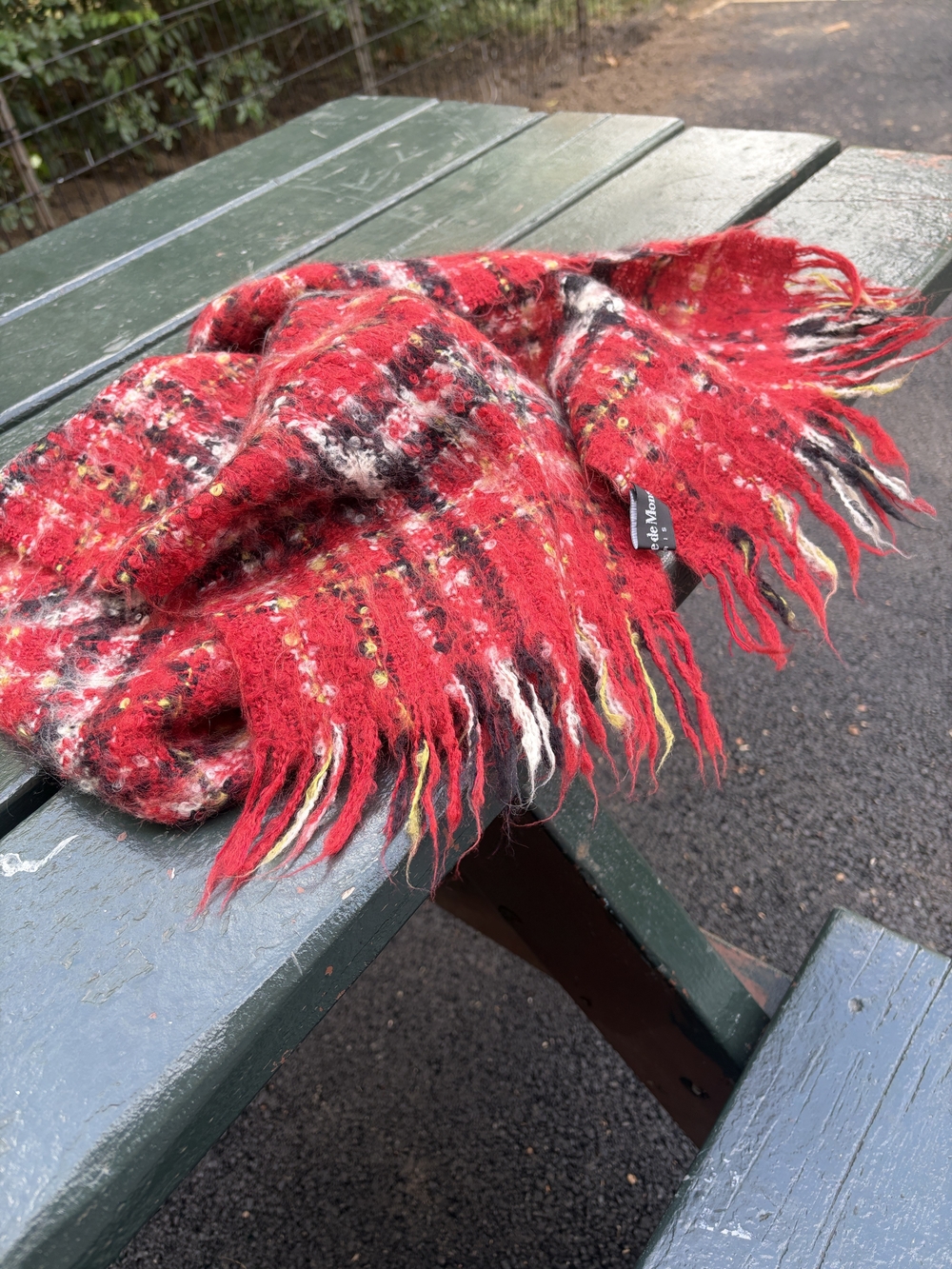 Unisex Scarf In Red Black White Plaid & Fringe Ends by Guillaume de Mons PARIS